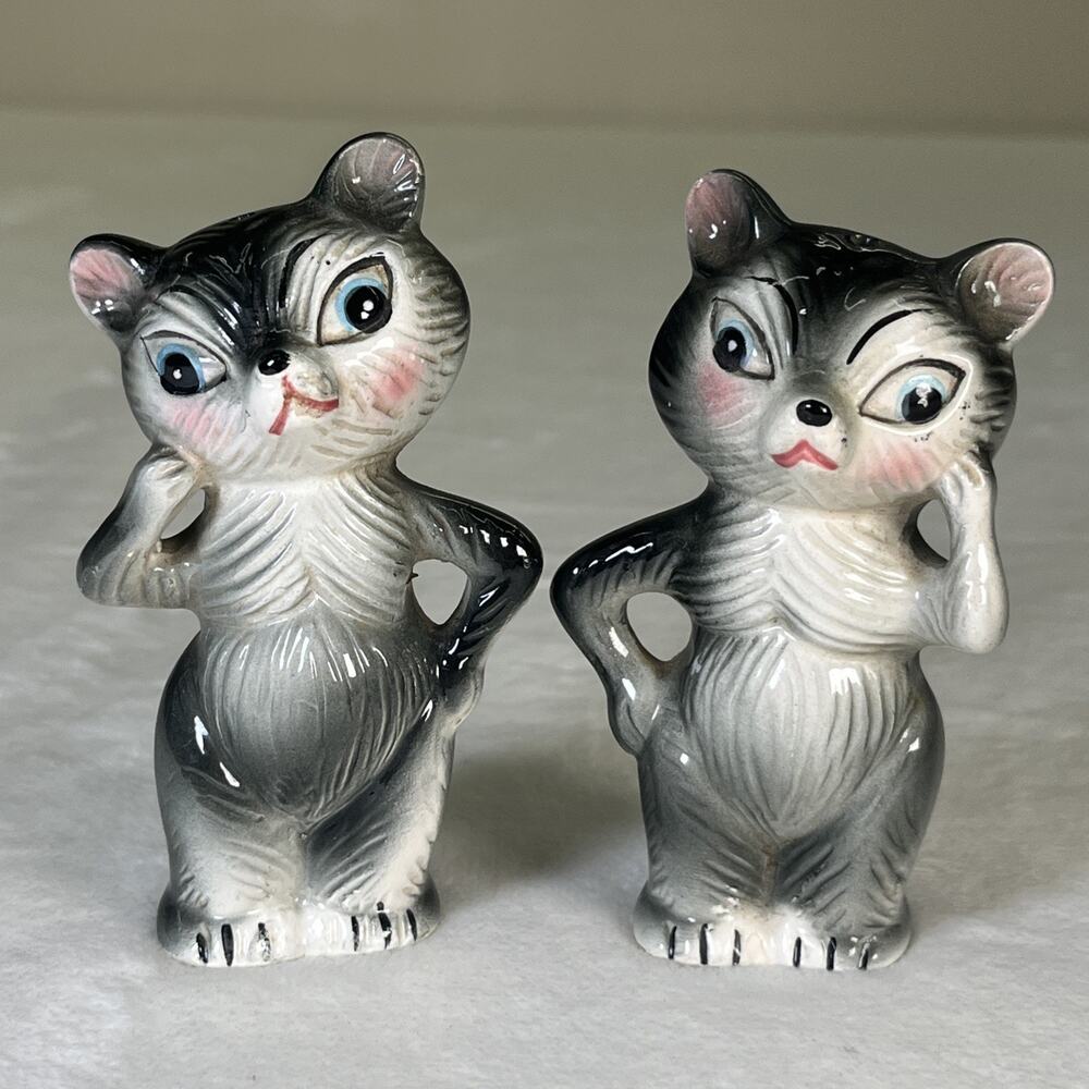 Vtg Bear Cat Raccoon Salt And Pepper Shakers Anthropomorphic Kitsch Charity